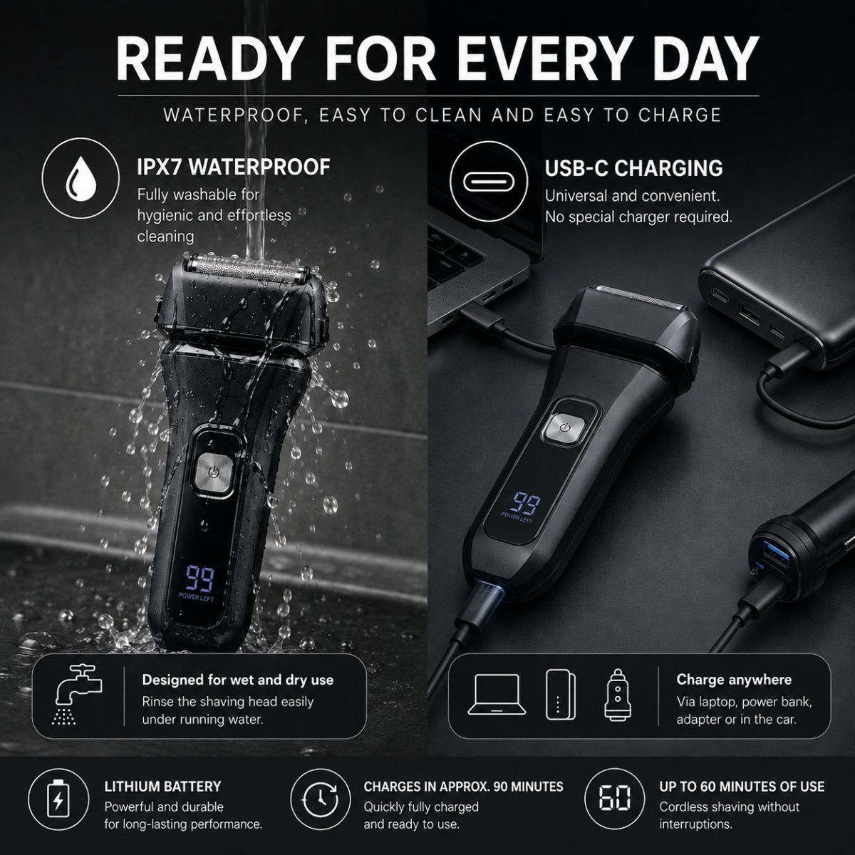 Wasserdichter Rasierer mit USB-C-Ladefunktion, ideal für den Alltag und die Nass- und Trockenrasur.