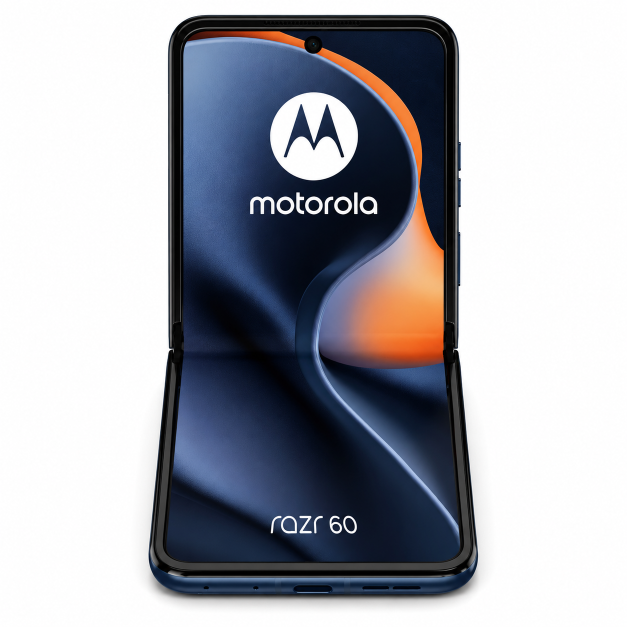 Uno smartphone Motorola Razr 60 aperto con uno sfondo astratto blu e arancione e il logo.
