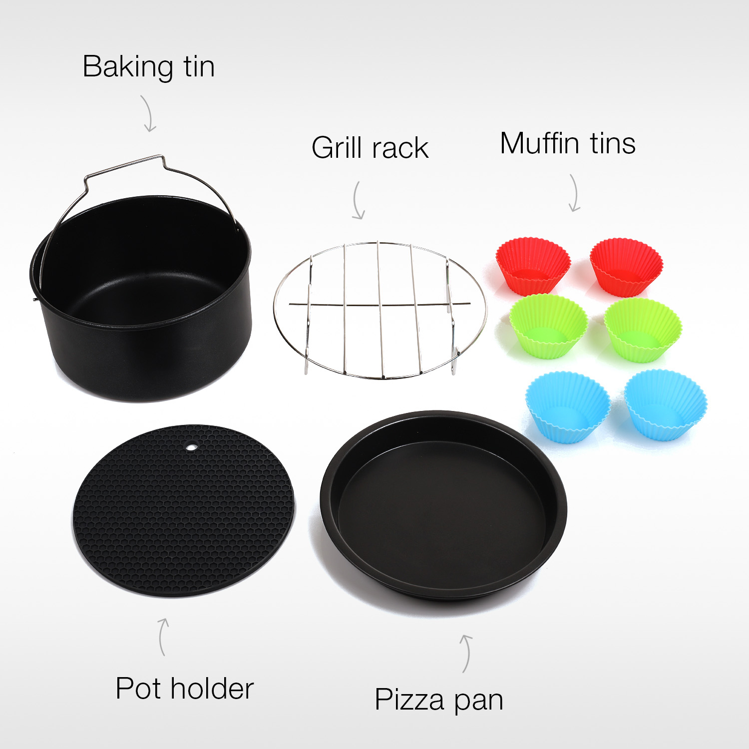 Accessori per friggitrice tra cui teglia, griglia, pirottini per muffin, presina e teglia per pizza.