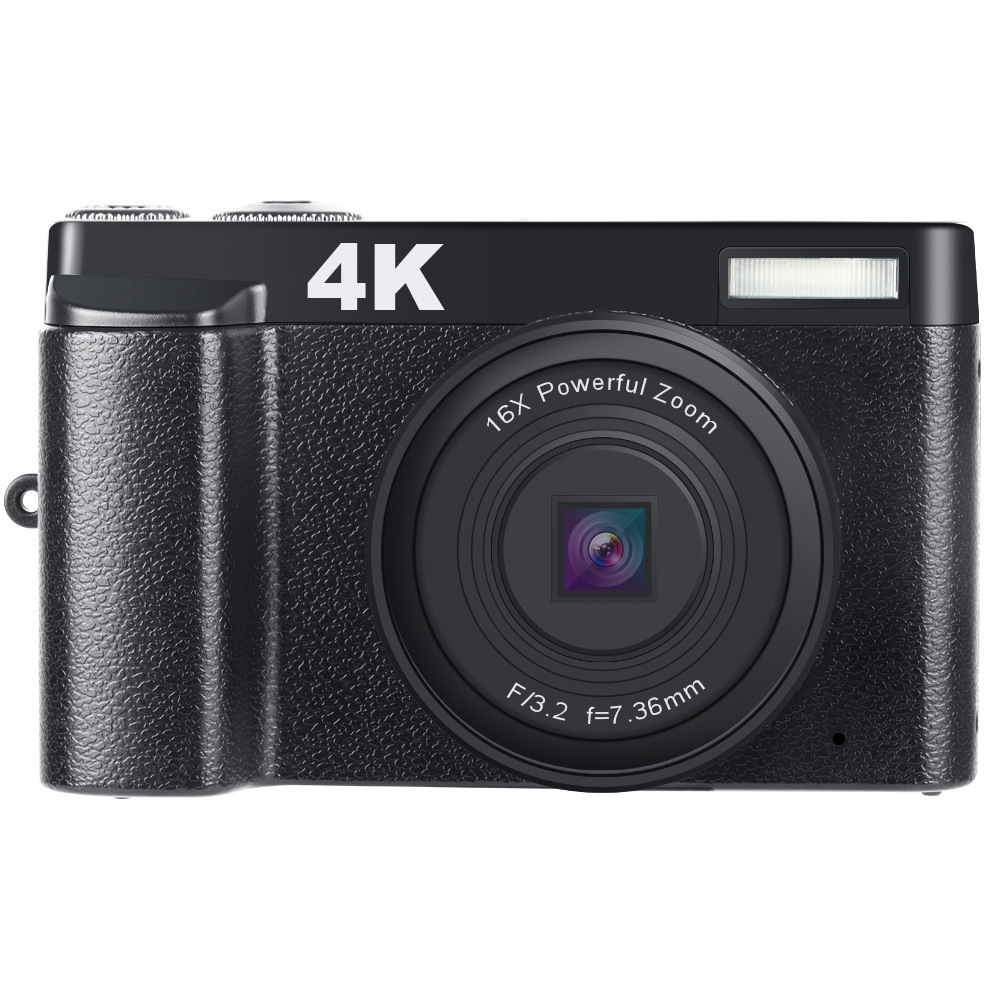 Schwarze 4K-Kompaktkamera mit großem Objektiv, integriertem Blitz und strukturierter Oberfläche auf weißem Hintergrund.