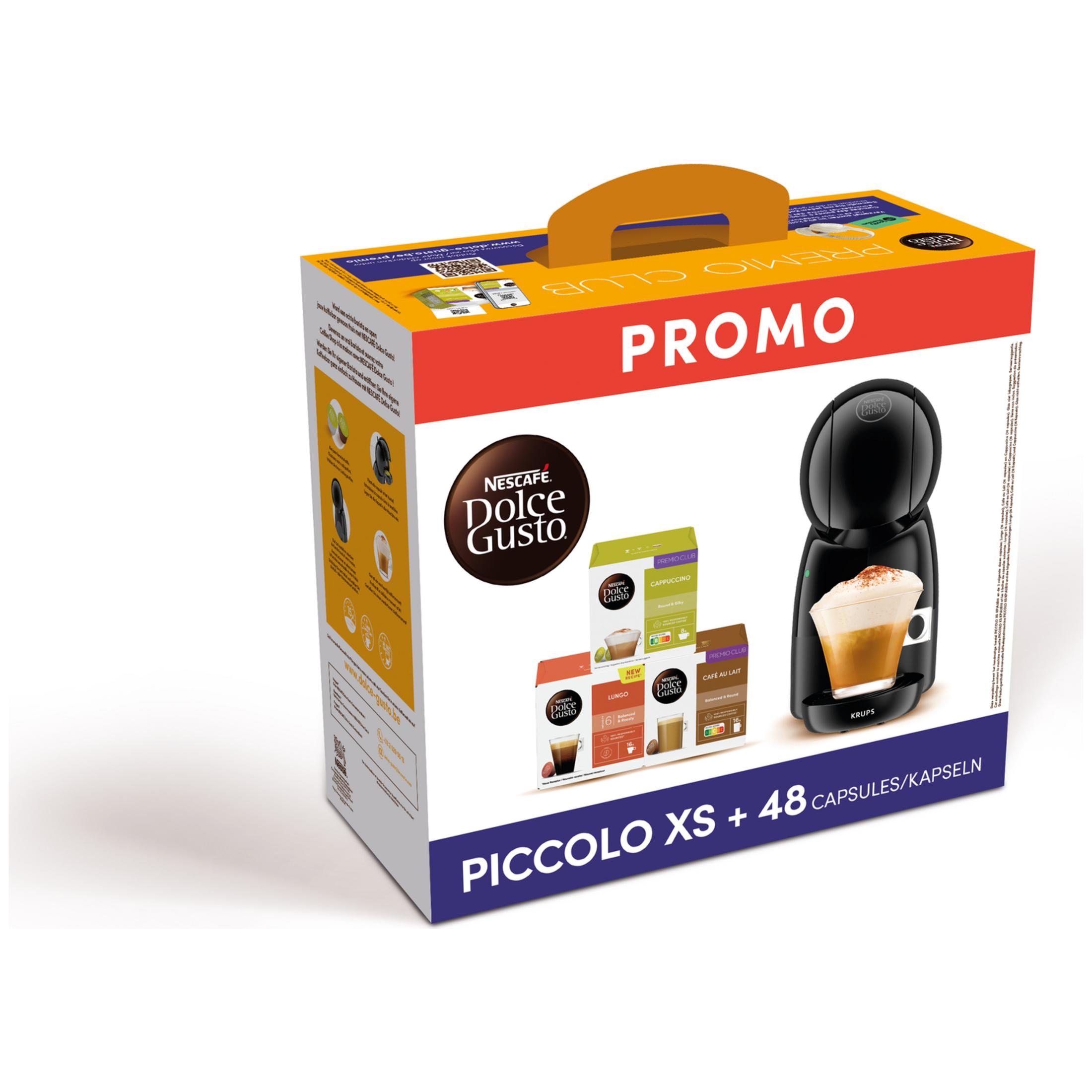 Embalaje de Nescafé Dolce Gusto Piccolo XS con cápsulas de café y cafetera.