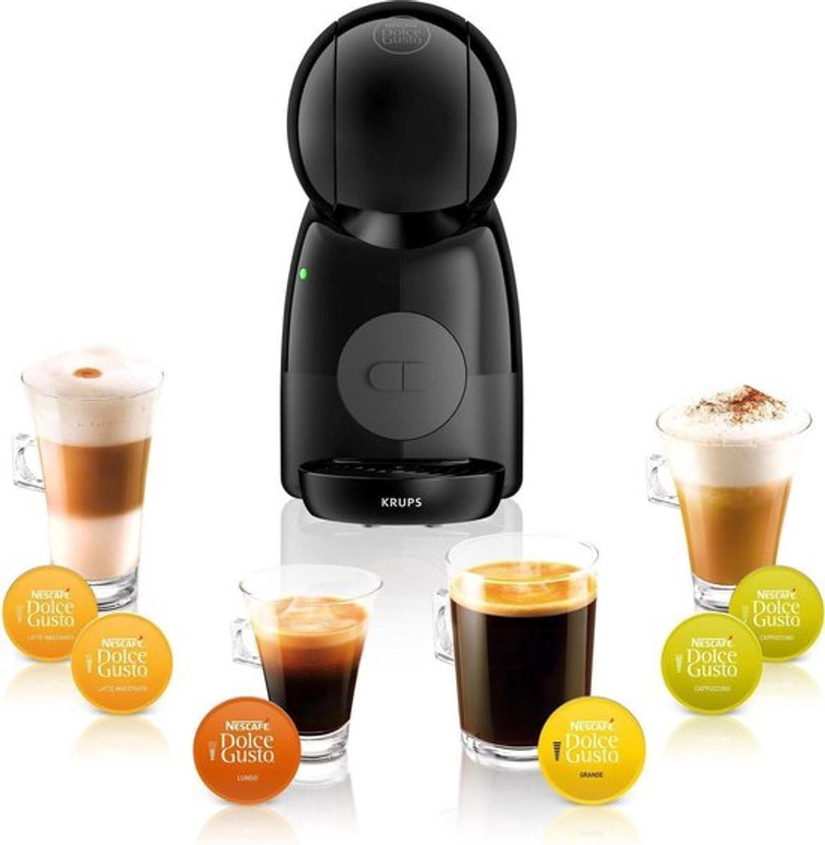 Cafetera negra Krups Dolce Gusto rodeada de tazas de café y cápsulas de café coloridas.