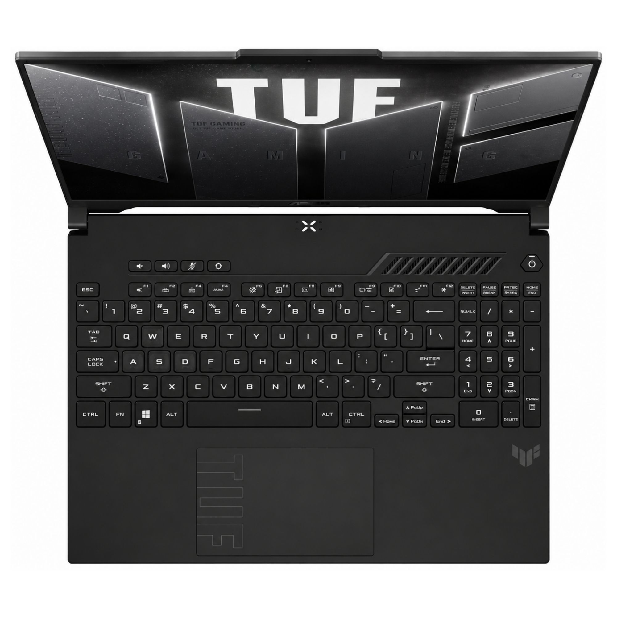 Klavyeyi, izleme dörtgenini ve ekranını gösteren açık siyah bir Asus TUF Gaming dizüstü bilgisayarın üstten görünümü.