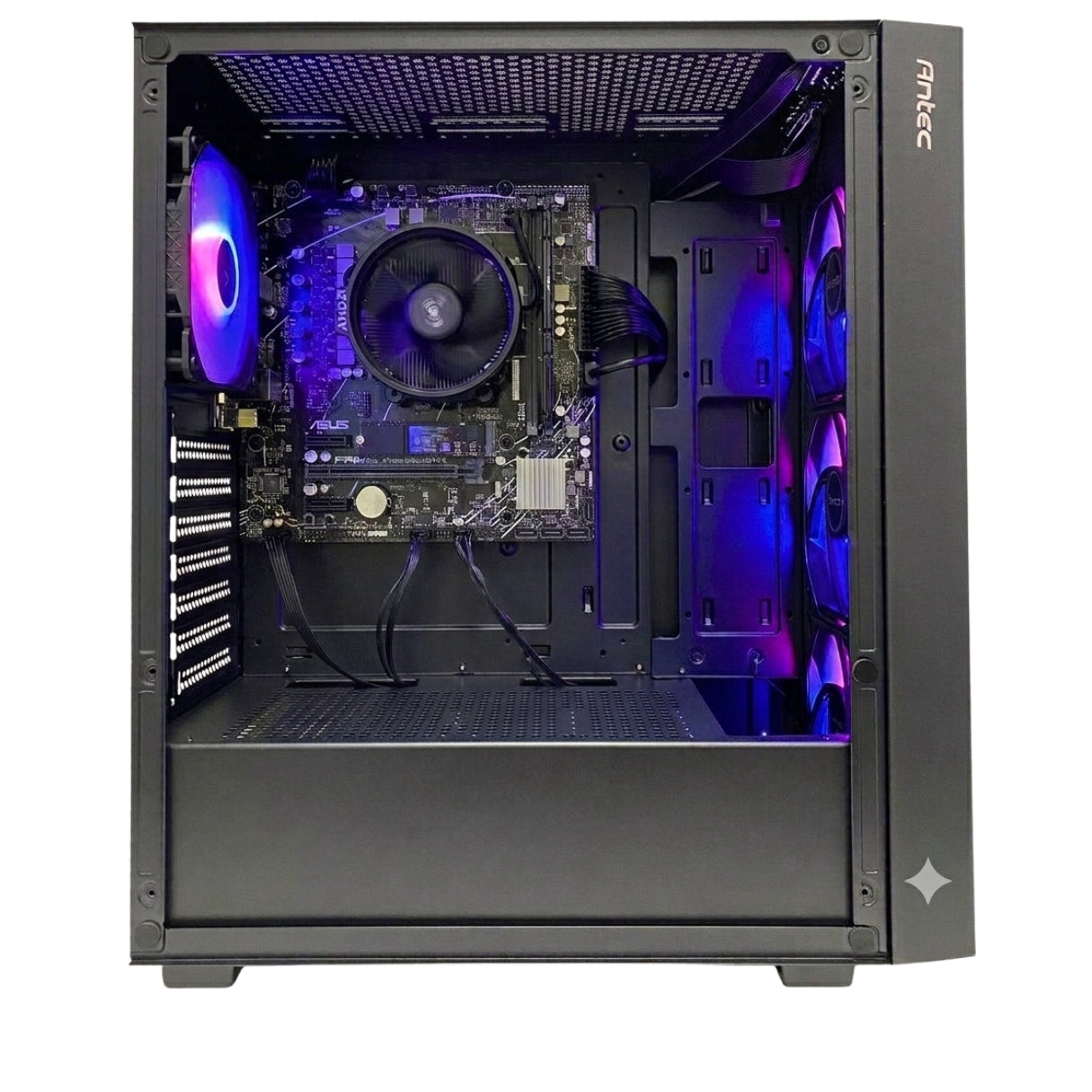 Case per PC con scheda madre installata, dissipatore CPU e ventole illuminate.