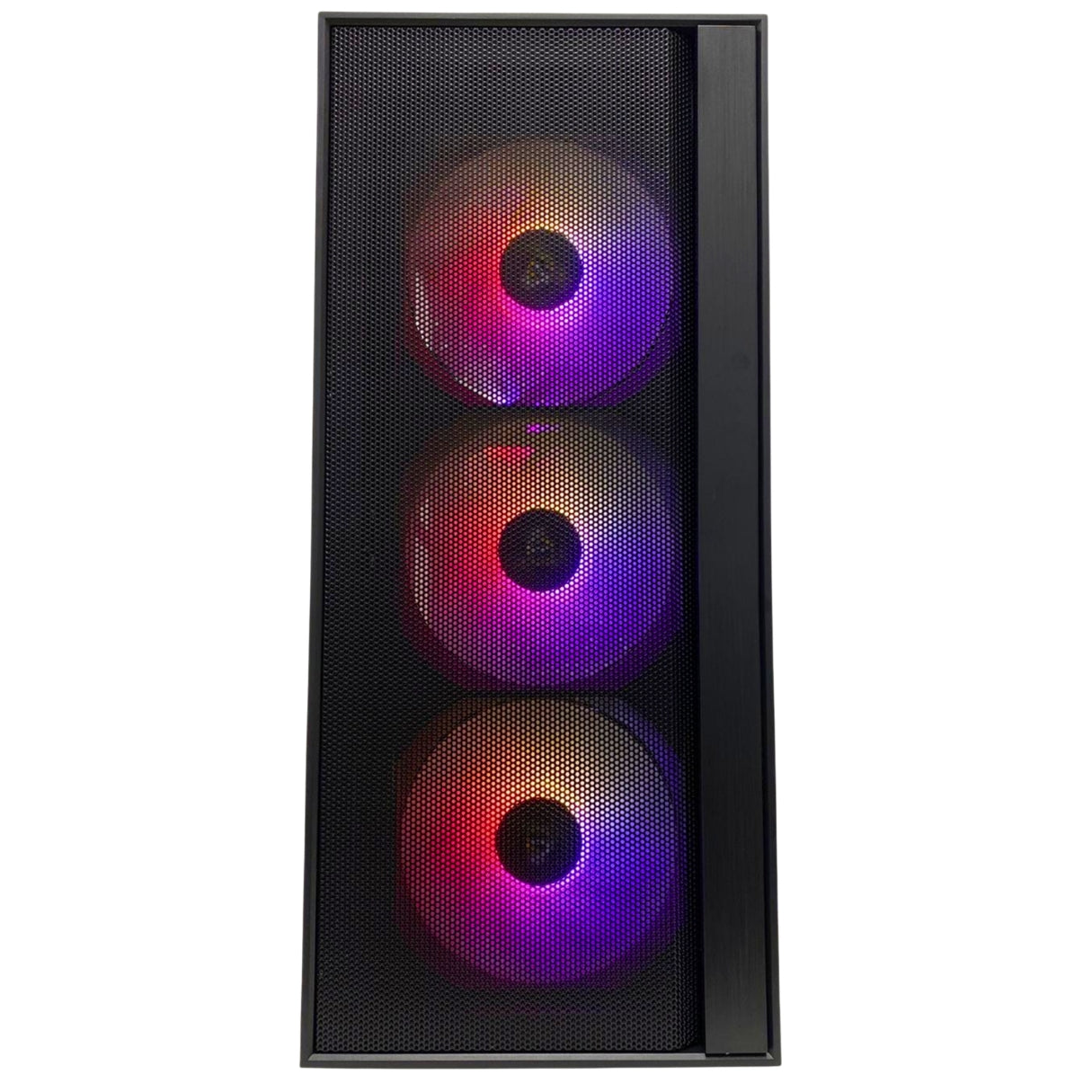 Case per PC nero con frontale in rete e tre ventole illuminate a colori.