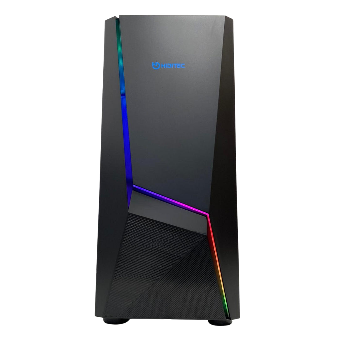 Un case per PC nero con linee angolate, illuminazione blu e dettagli RGB colorati sul pannello frontale.