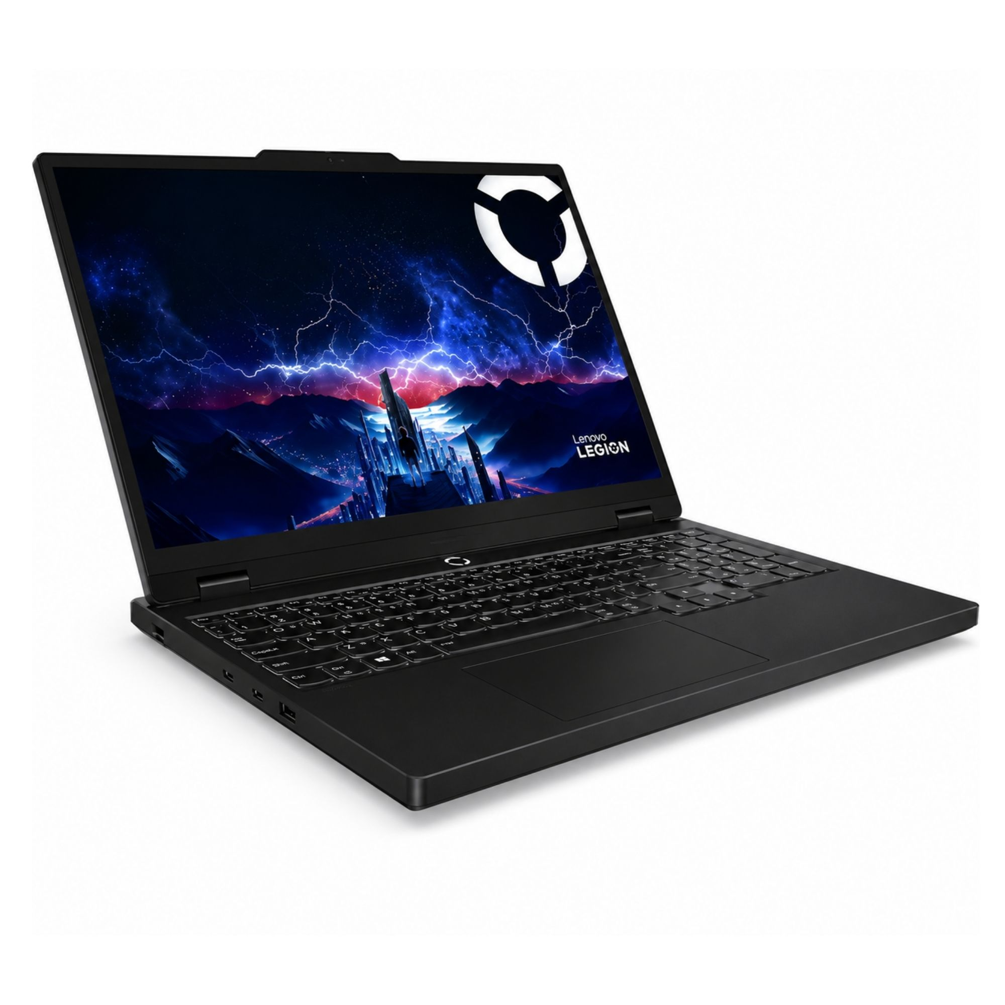 Beyaz arka planda aydınlatılmış ekranlı siyah bir Lenovo Legion dizüstü bilgisayar.