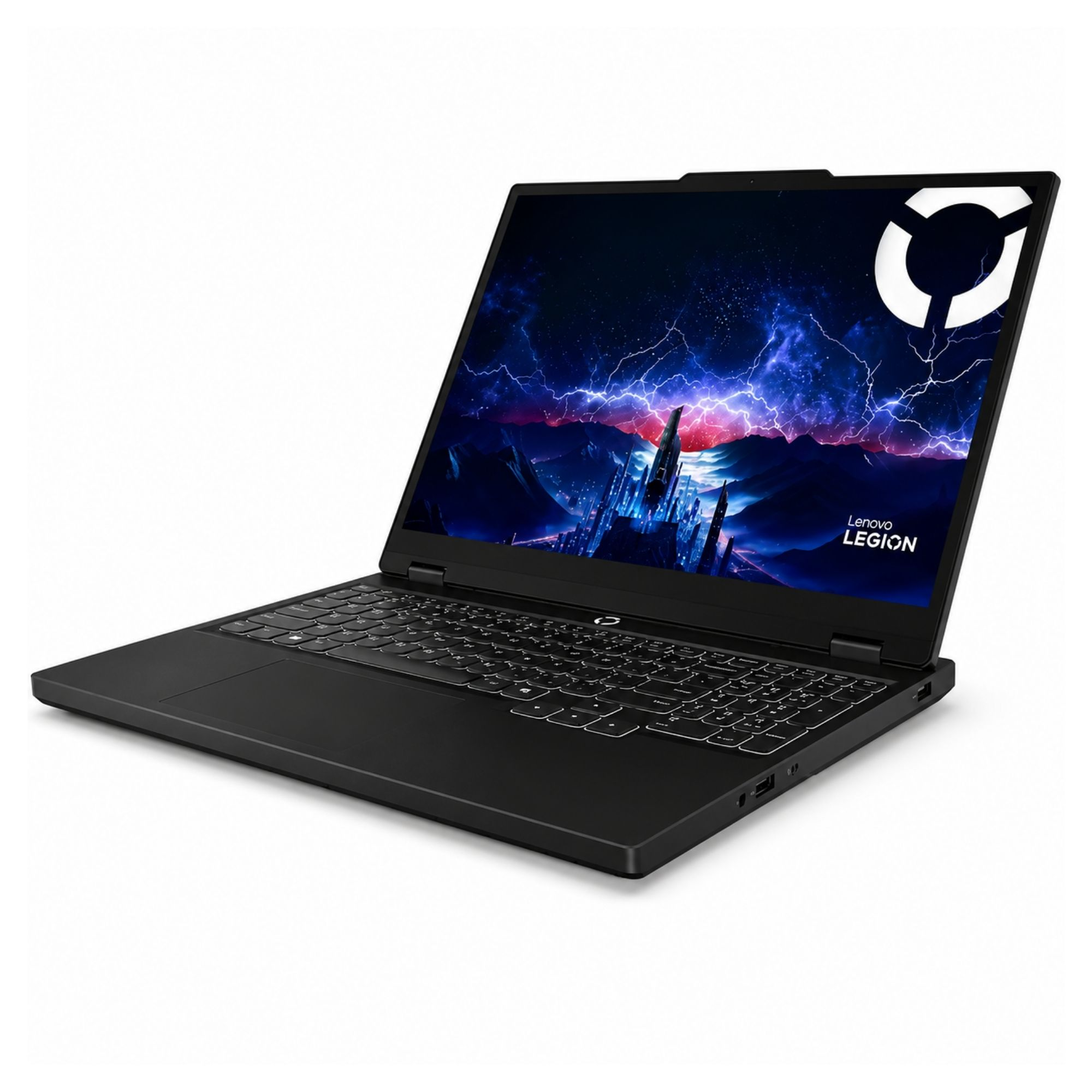 Beyaz arka planda aydınlatılmış ekranı ve klavyesi olan siyah bir Lenovo Legion dizüstü bilgisayar.