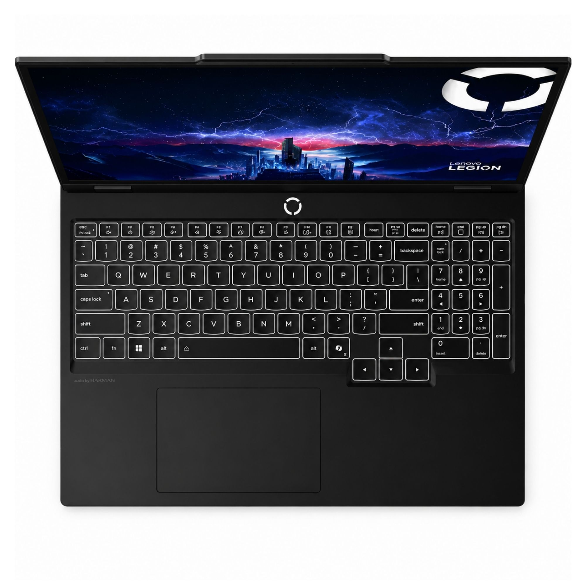 Arkadan aydınlatmalı klavyeye ve mavi ekran arka planına sahip siyah Lenovo Legion dizüstü bilgisayarın üstten görünümü.