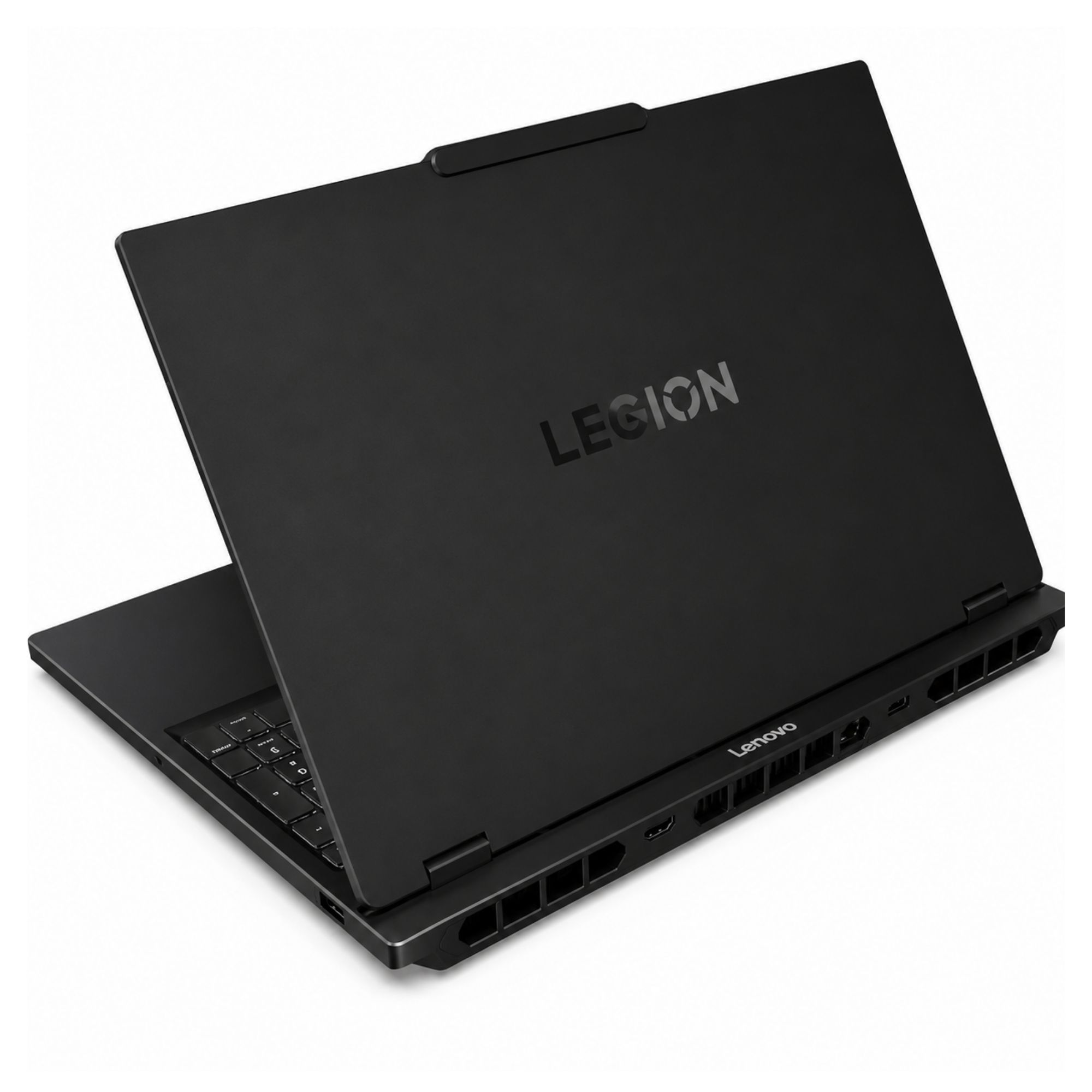 Arkadan görünen siyah bir Lenovo Legion dizüstü bilgisayar, arka plan üzerinde arkadan aydınlatmalı logo.