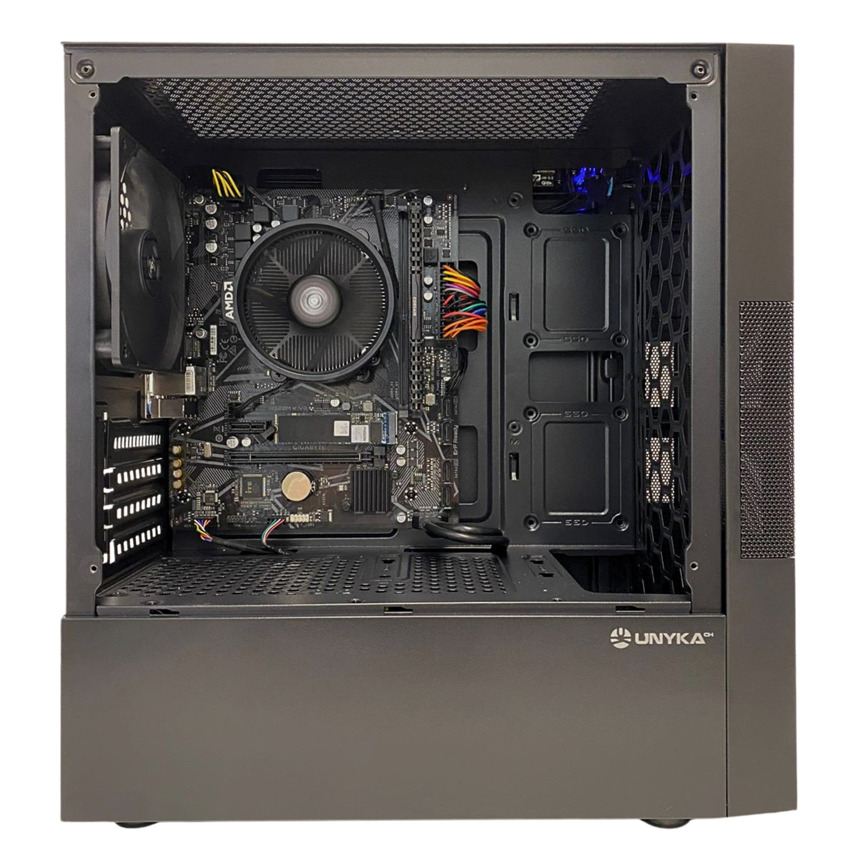 Vista interna di un case per PC Unyka grigio scuro aperto con scheda madre, dissipatore e interno nero.