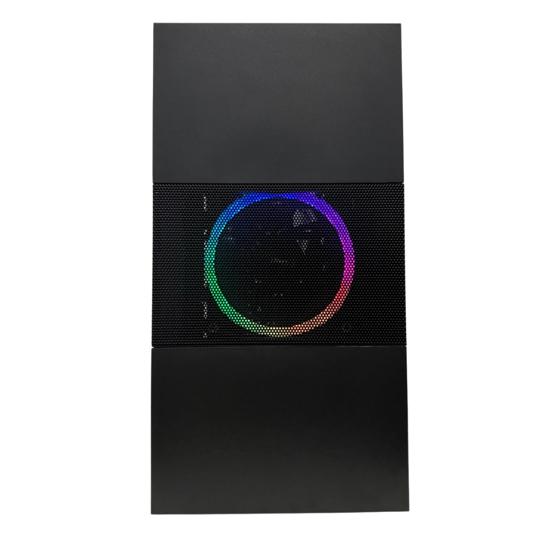 Un case per PC nero con una ventola RGB rotonda e multicolore al centro.