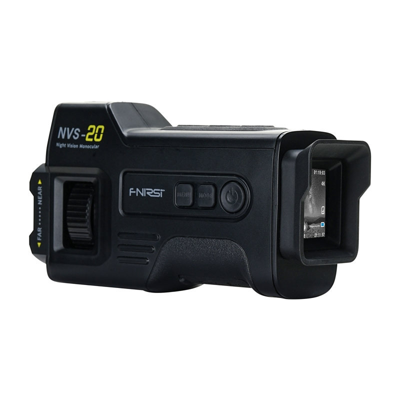 Monocolo per visione notturna nero FNIRSI NVS-20 con display e pulsanti su sfondo bianco.
