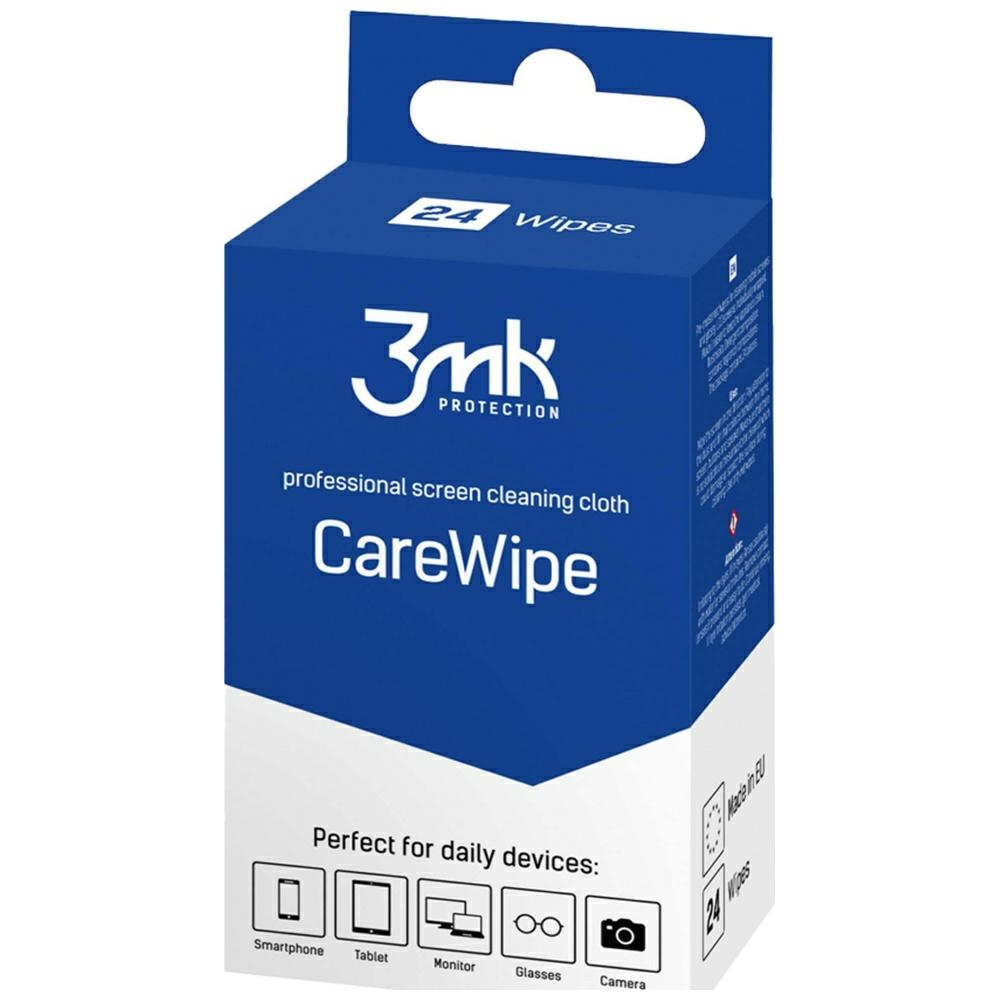 Confezione blu di salviette professionali per la pulizia dello schermo 3mk CareWipe con design bianco e blu.