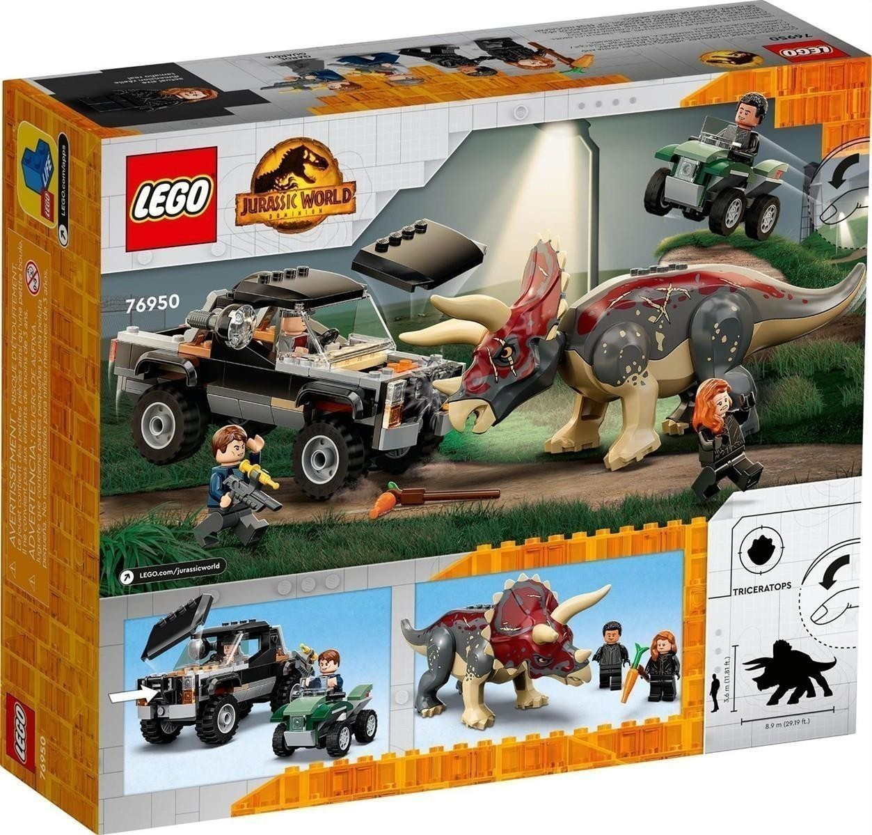 Lego Jurassic World Kasten mit Triceratops, Pick-up-Truck, Quad und Minifiguren.