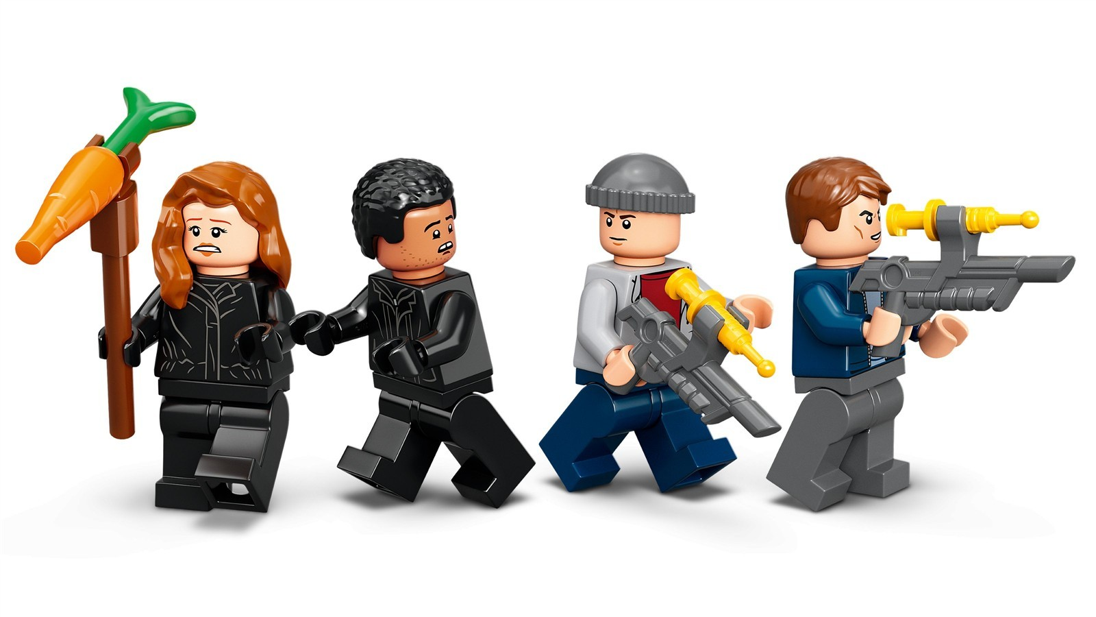 Vier Lego-Minifiguren laufen nach links, zwei mit Karottenstab und zwei mit futuristischen Waffen.
