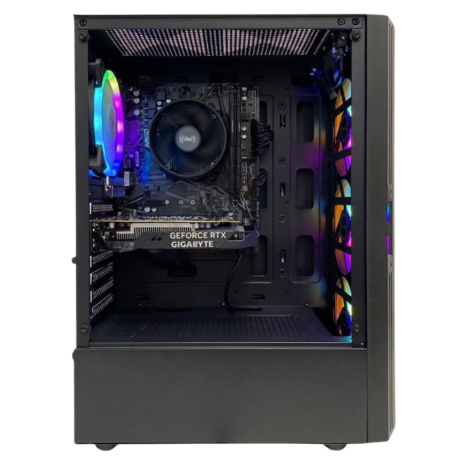Interno di un case PC nero con scheda madre, dissipatore CPU, scheda grafica e ventole RGB.
