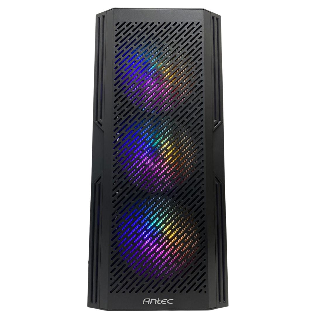 Vista frontale di un case per PC Antec nero con pannello a rete e ventole RGB colorate visibili su sfondo bianco.