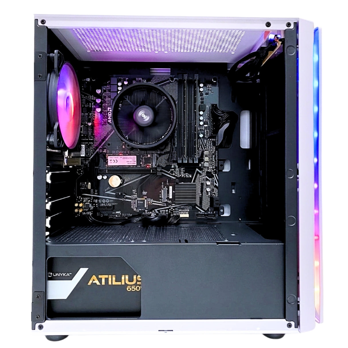 Vista interna di un case per PC con scheda madre, dissipatore e ventola LED.
