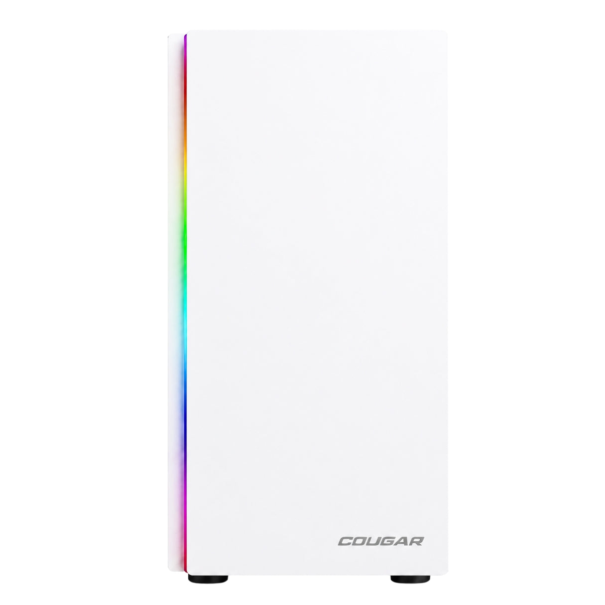 Un case per PC bianco con una striscia di illuminazione RGB verticale a sinistra e il logo Cougar in basso.