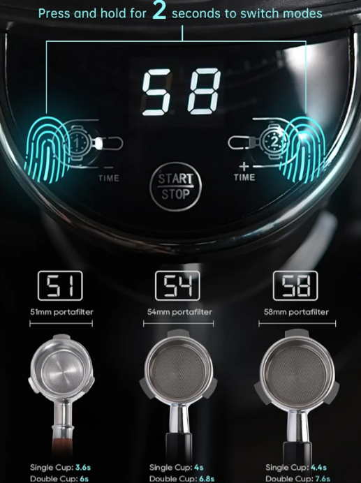 La pantalla de la cafetera muestra 58, con botones y debajo tres portafiltros de 51mm, 54mm y 58mm.