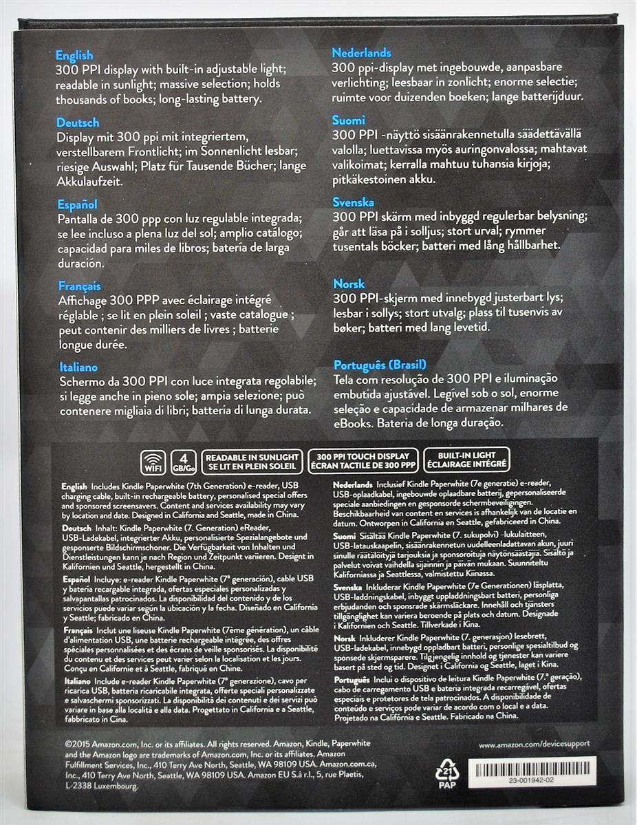 Verpackungsrückseite eines Kindle Paperwhite mit Produktspezifikationen in mehreren Sprachen.