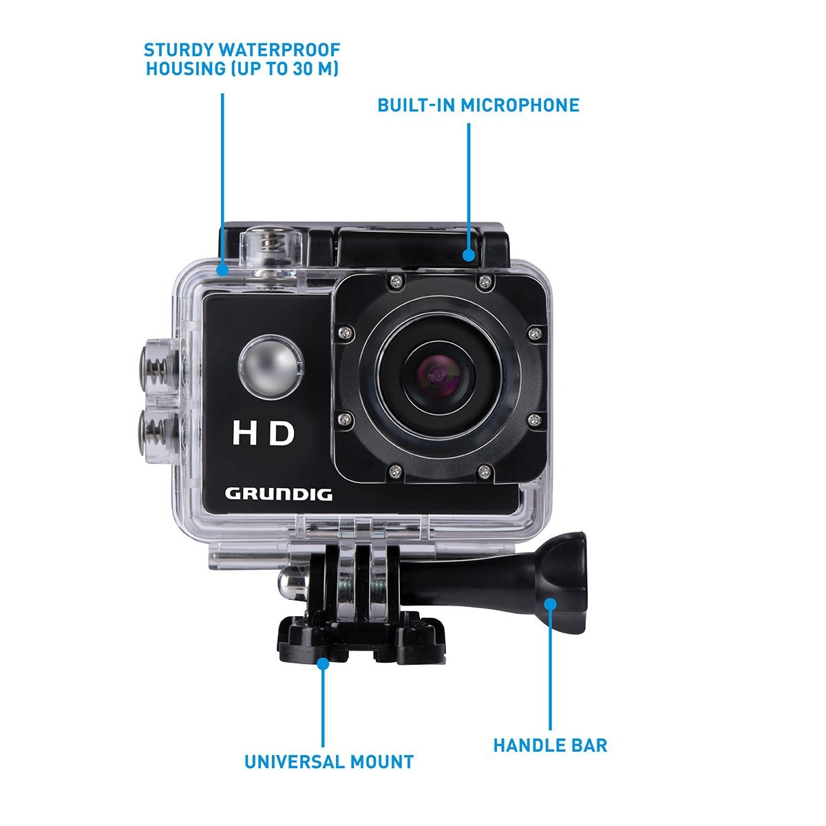 Action cam Grundig HD in custodia impermeabile con microfono, supporto universale e manubrio.