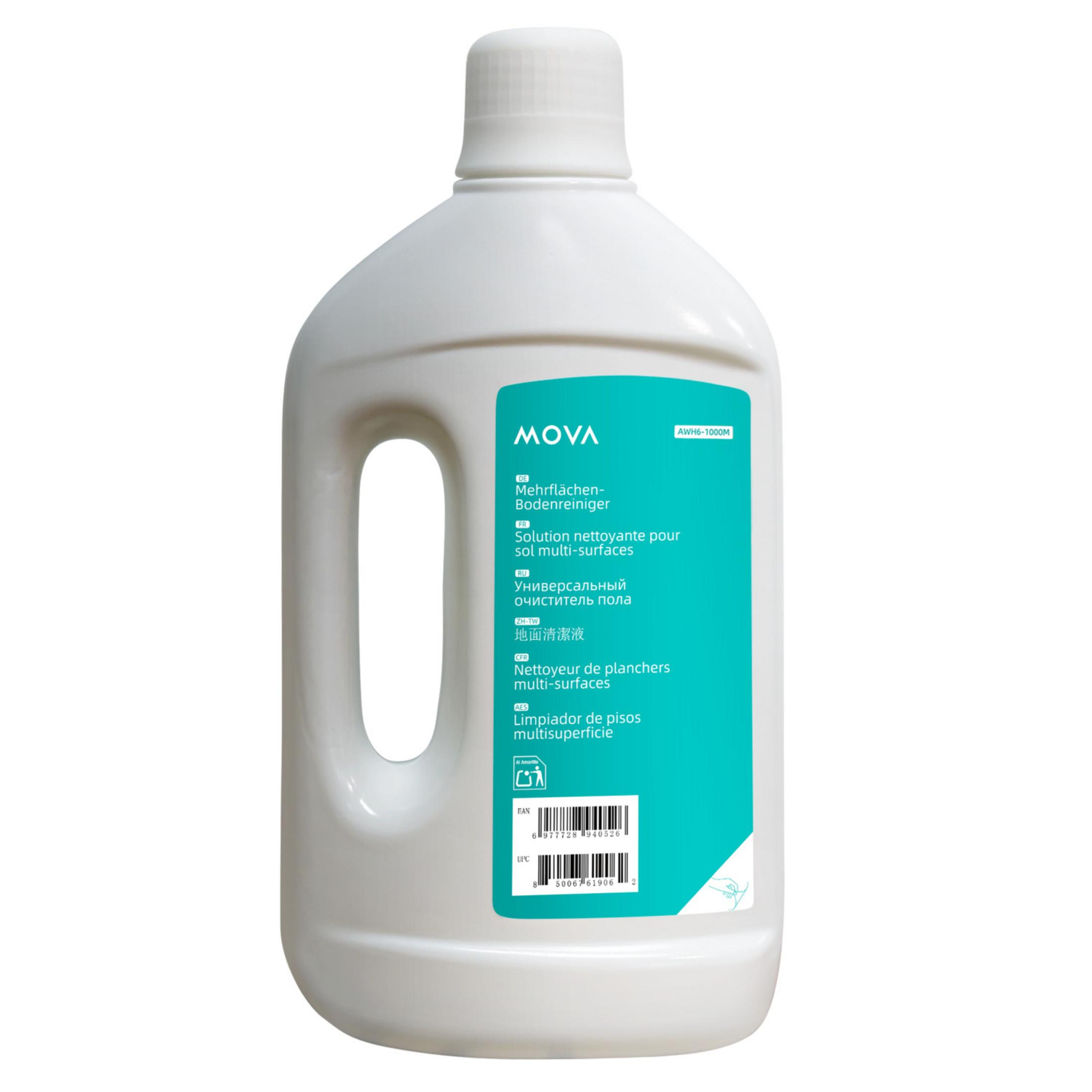 Una bottiglia di plastica bianca con manico e etichetta verde acqua per detergente per superfici.