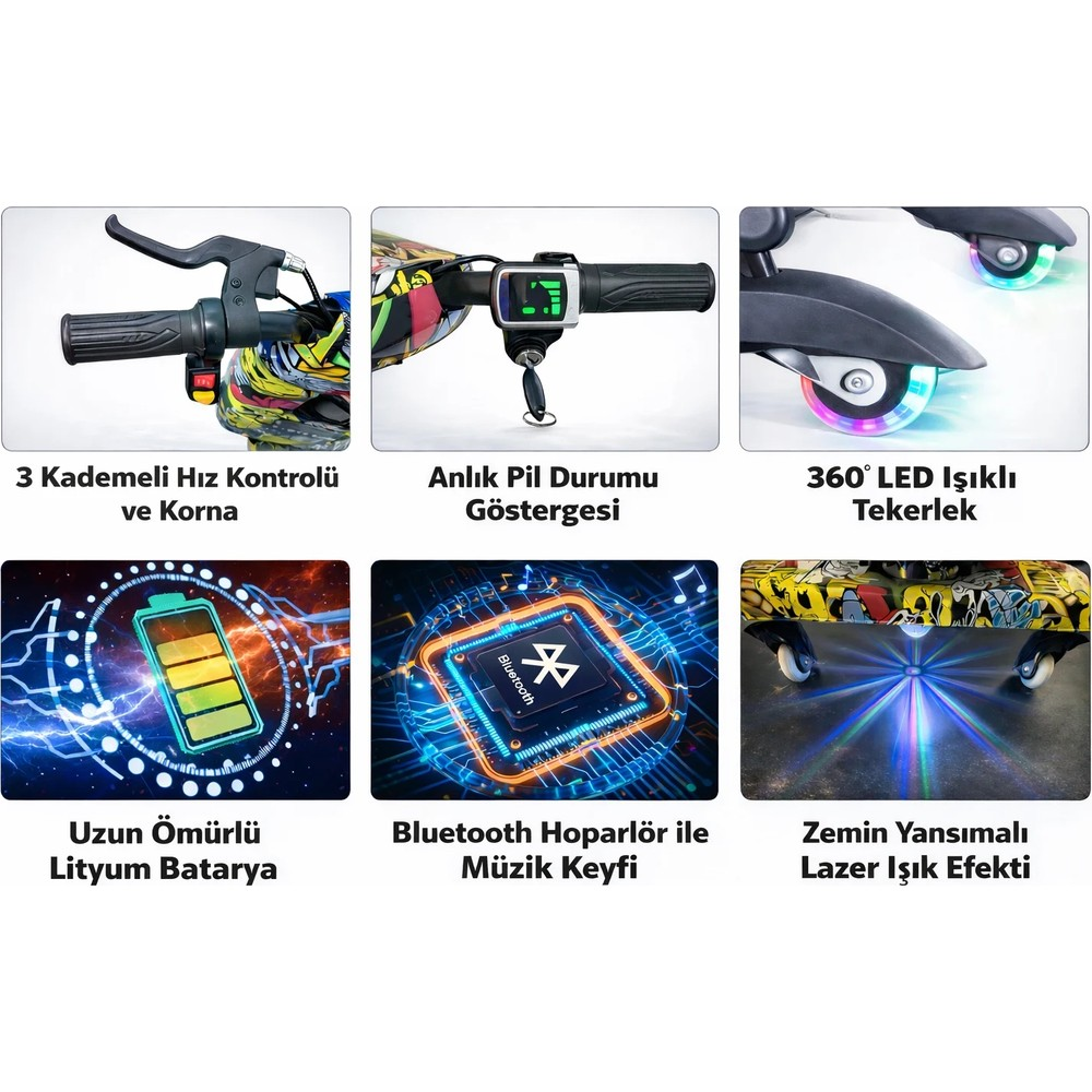 Altı panelde e-scooter özellikleri: hız kontrolü, pil göstergesi, LED tekerlekler, batarya, Bluetooth ve lazer.