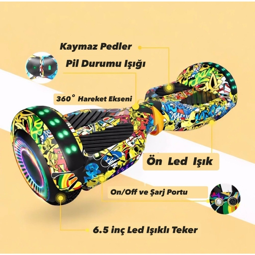 Renkli grafiti desenli hoverboard, LED ışıkları ve özelliklerini gösteren etiketler.