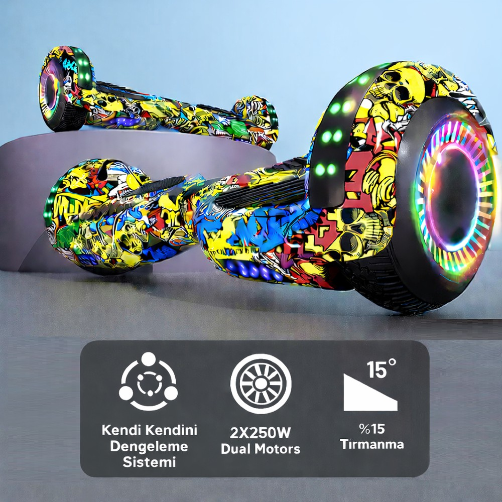 Grafit desenli ve LED ışıklı iki renkli hoverboard, gri arka planda ürün simgeleriyle.