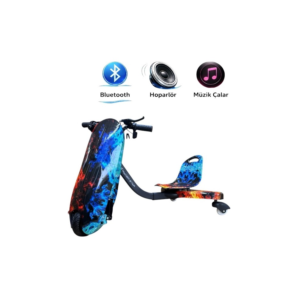 Mavi ve kırmızı alev desenli renkli drift scooter, üzerinde bluetooth, hoparlör ve müzik çalar simgeleriyle.