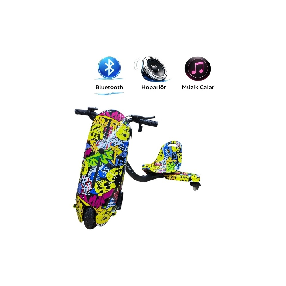 Grafiti desenli renkli drift trike, Bluetooth ve müzik simgeleriyle.