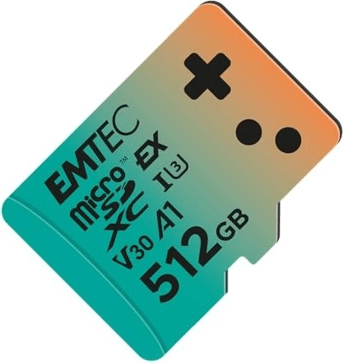 Una tarjeta de memoria MicroSDXC Emtec de 512 GB con degradado de azul a naranja y diseño D-pad.