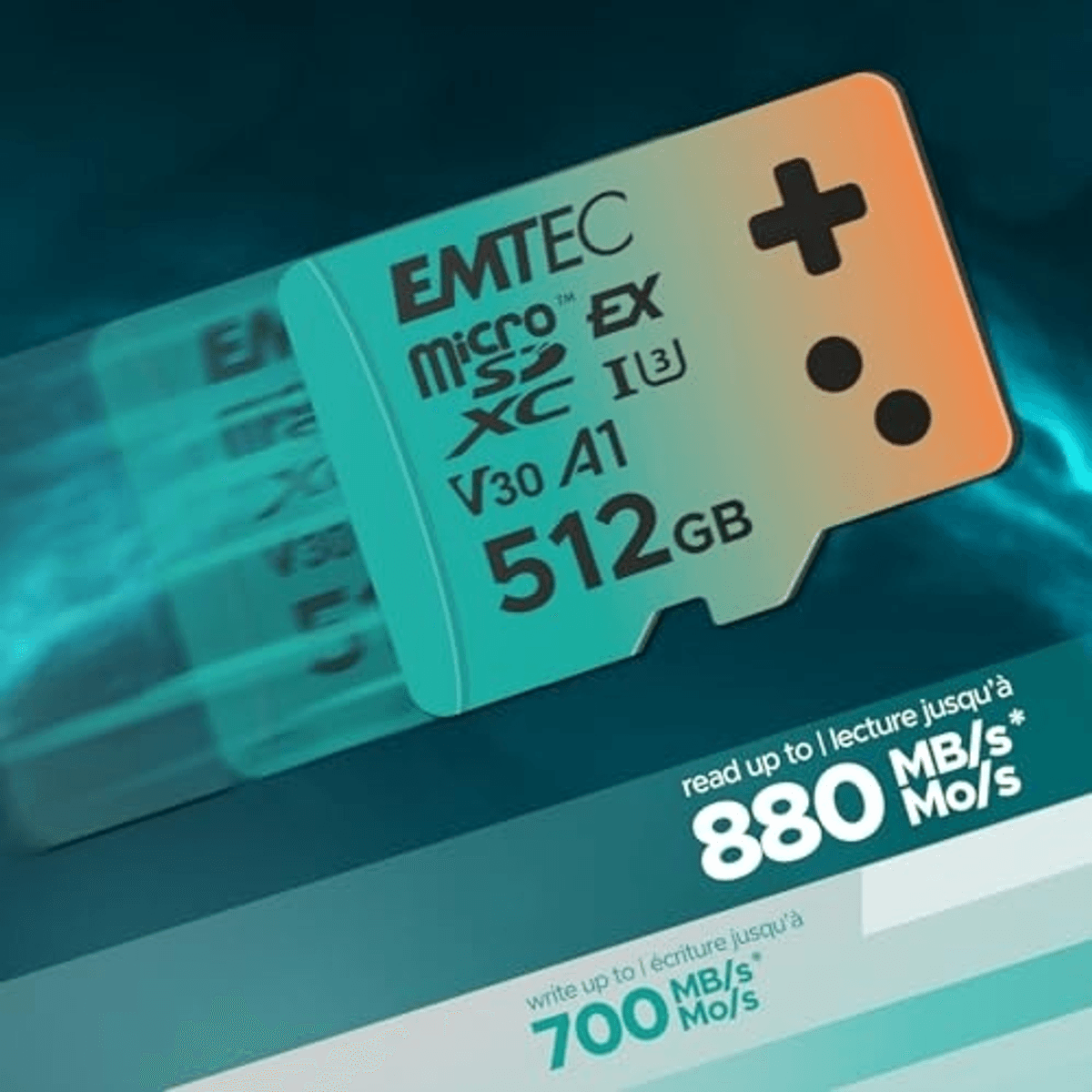 Una tarjeta de memoria microSDXC Emtec de 512 GB con especificaciones de velocidad sobre un fondo verde azulado.