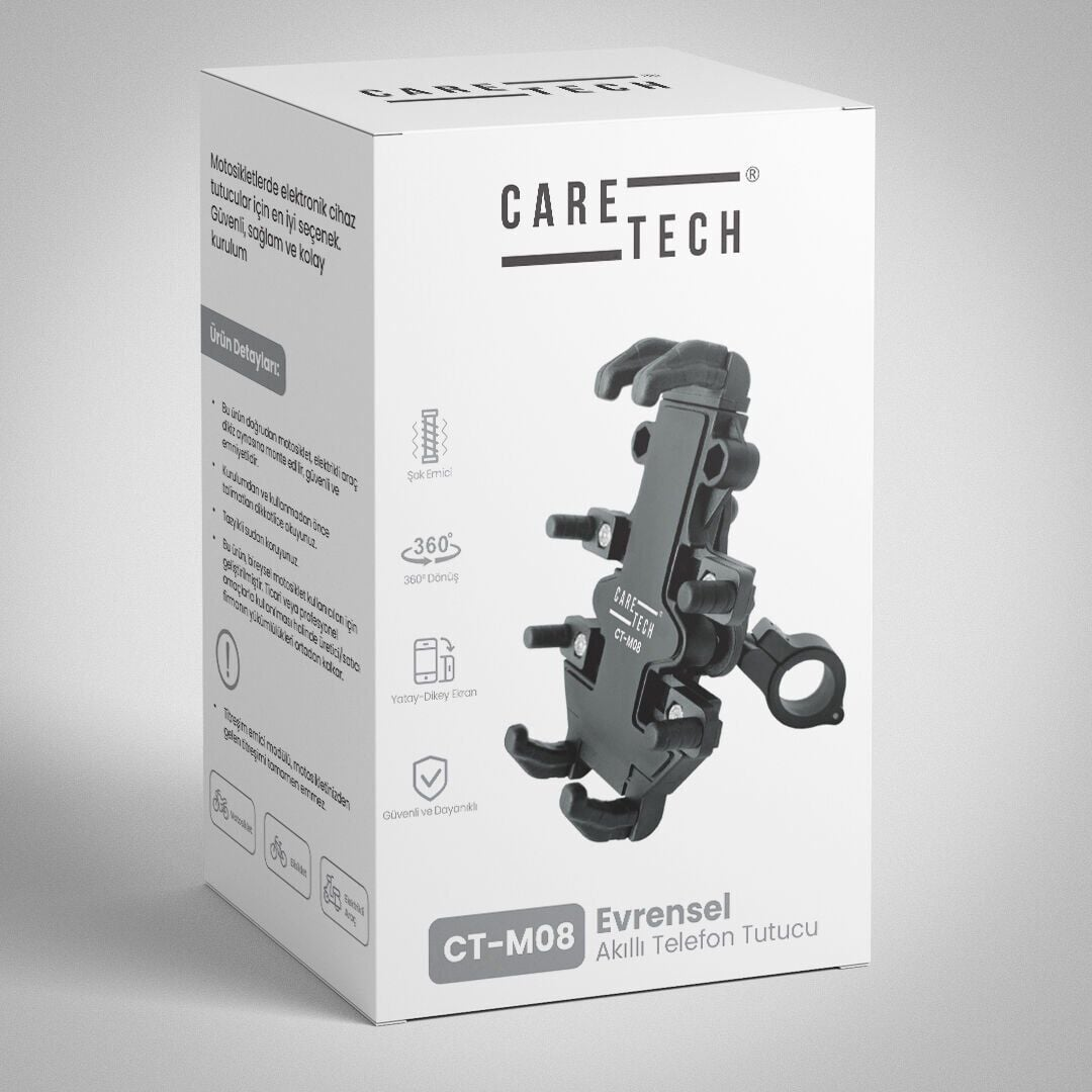 Motosikletler için Caretech CT-M08 evrensel akıllı telefon tutucunun beyaz ürün kutusu.