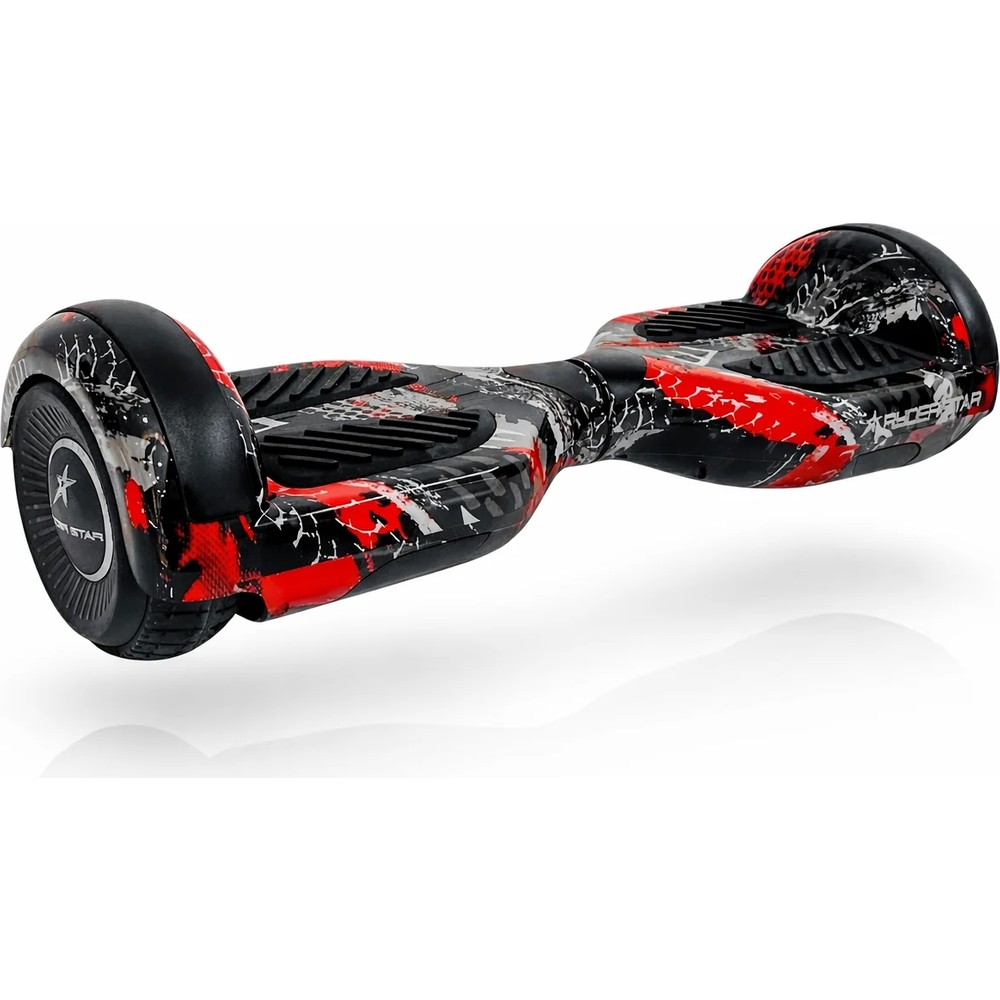 Kendi kendini dengeleyen hoverboard, beyaz arkaplan üzerinde kırmızı, siyah ve beyaz graffiti tarzı soyut desene sahiptir.