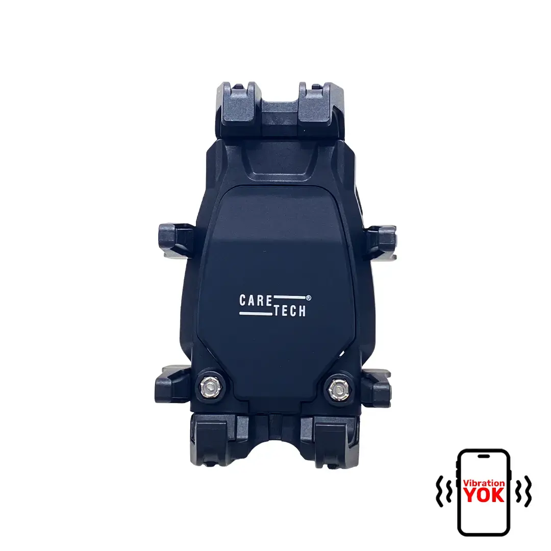 Dört tutma kollu ve sağ altta Vibration Yok simgeli siyah Care Tech telefon tutucu.