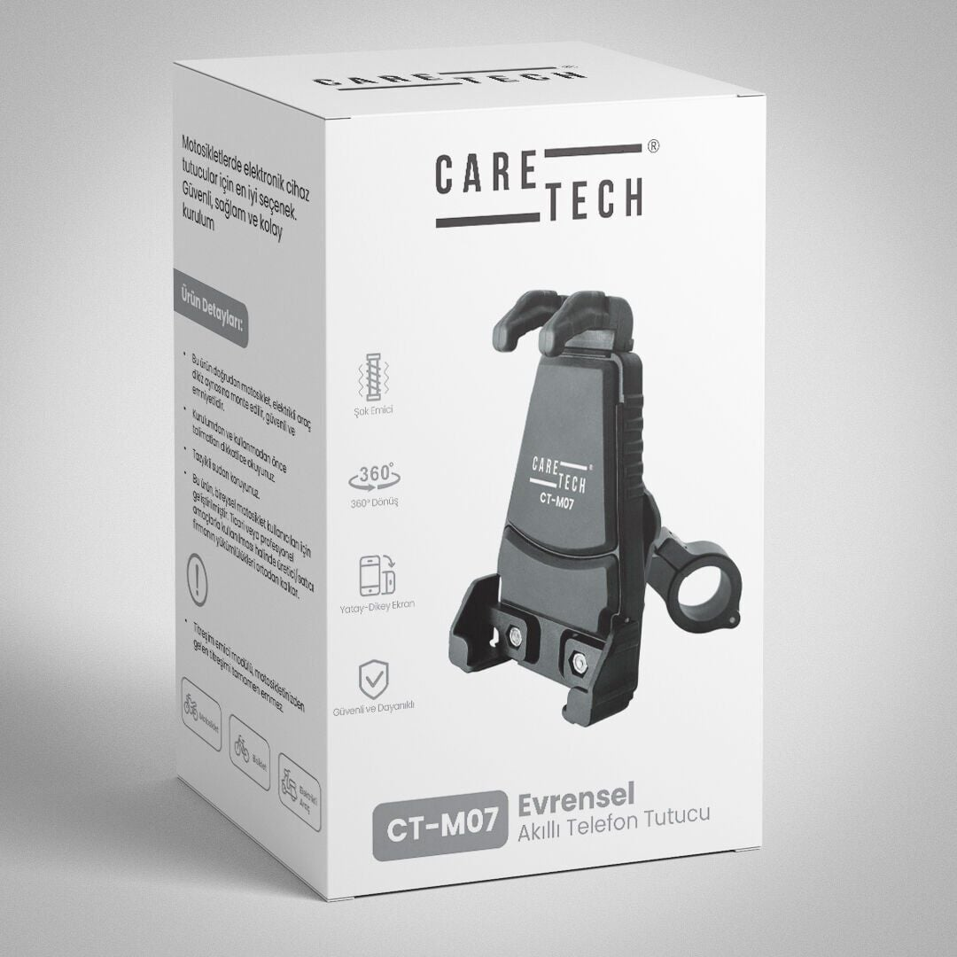 Caretech CT-M07 evrensel motosiklet telefon tutucu için üzerinde siyah tutucu görseli olan beyaz ürün kutusu.