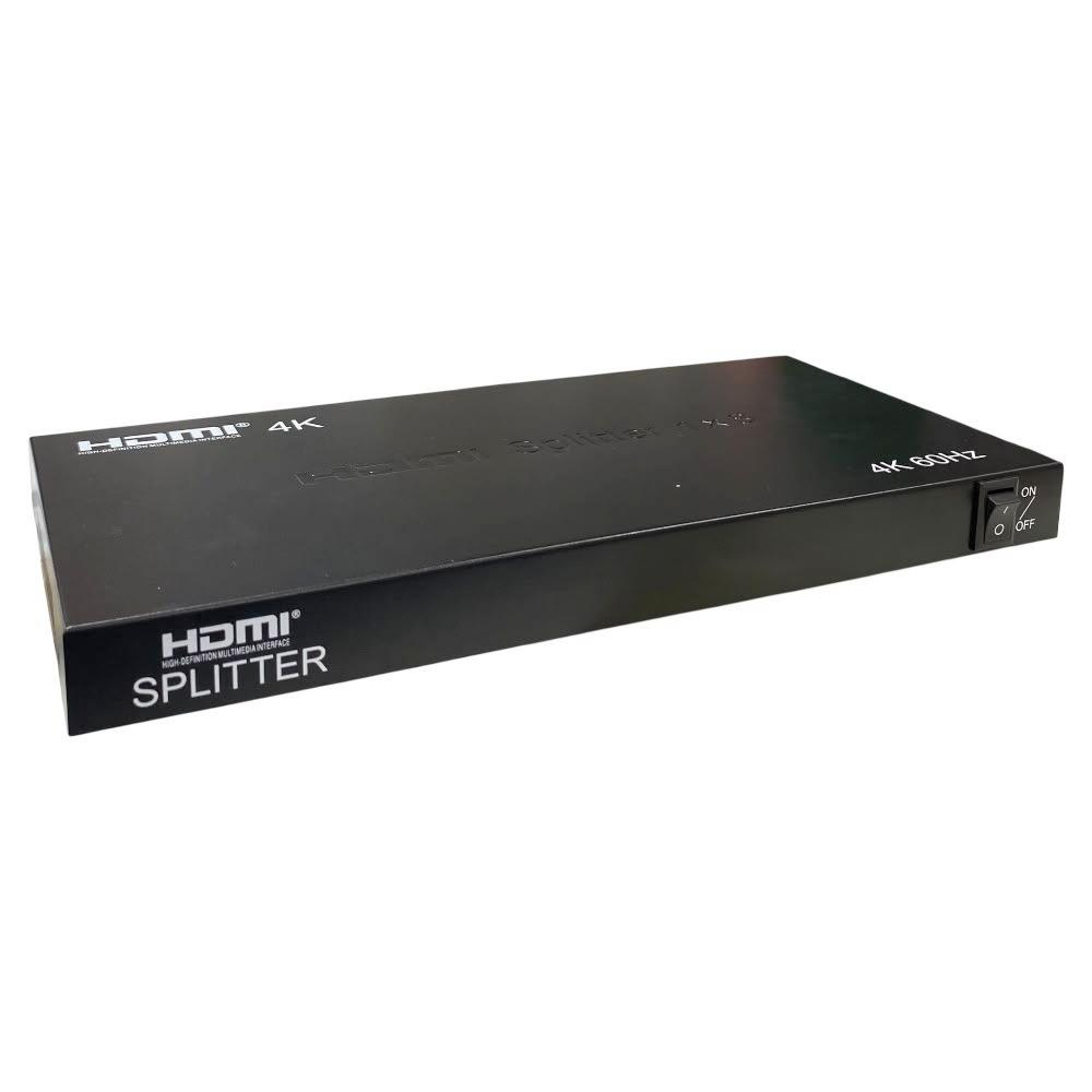 Sağ tarafında beyaz yazı ve açma kapama düğmesi bulunan siyah bir HDMI dağıtıcı.