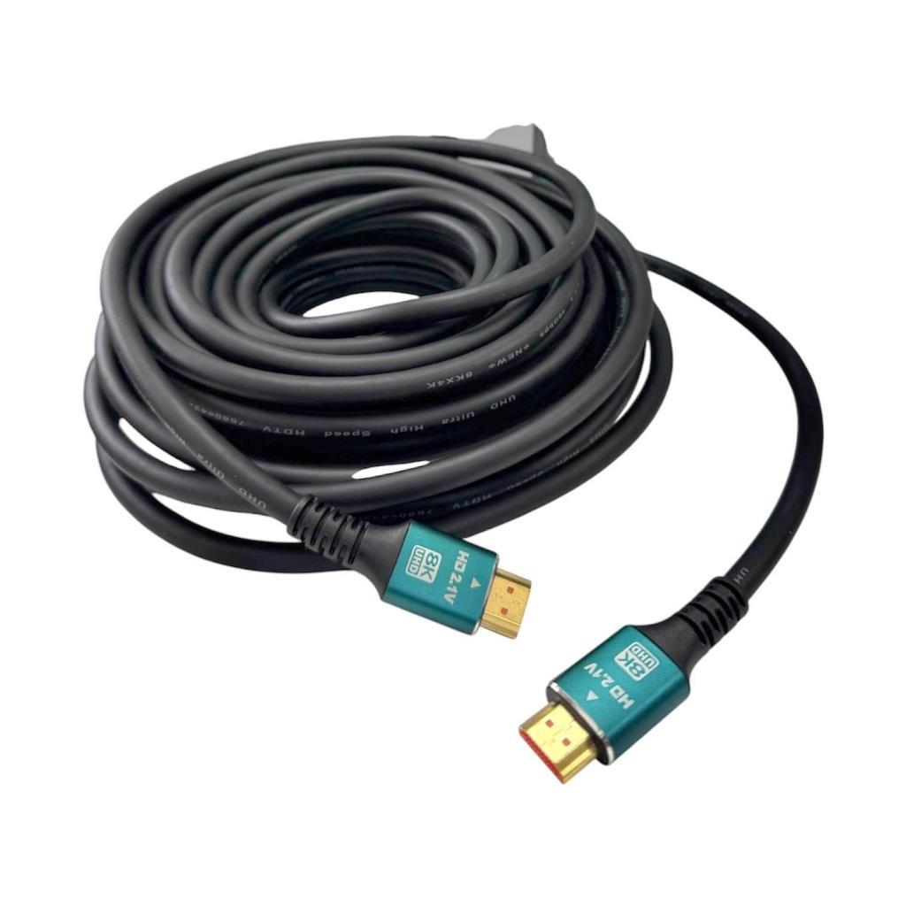 Beyaz arka planda turkuaz konektörlere sahip, düzenli şekilde sarılmış siyah bir HDMI 2.1 kablosu.