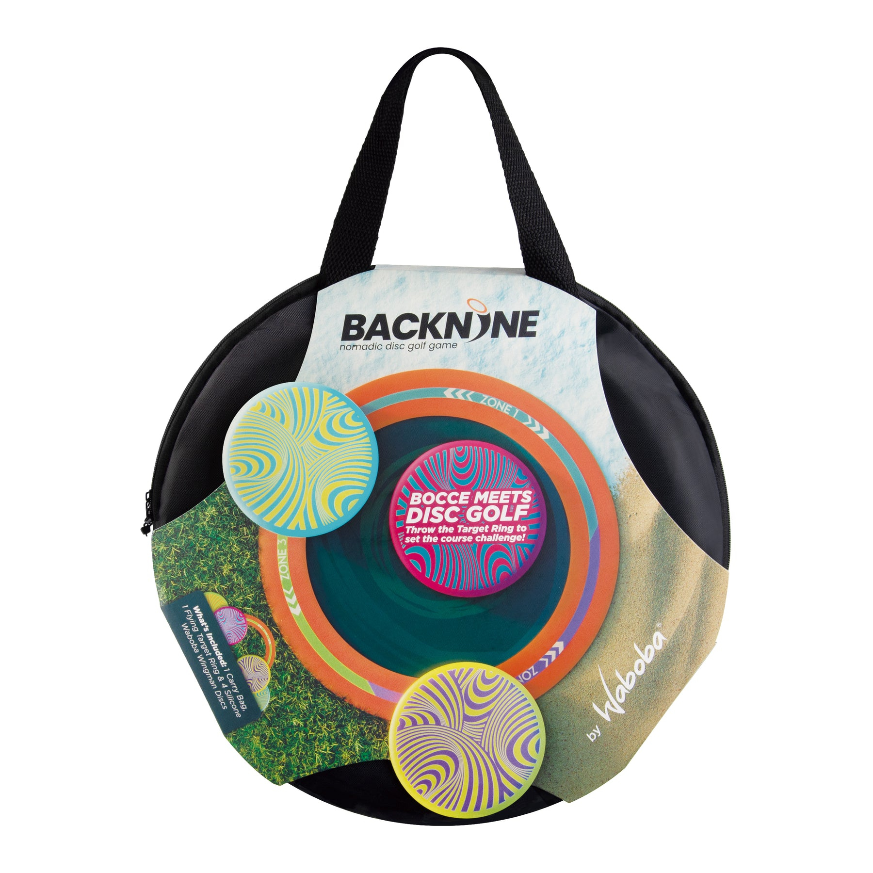 Set disc golf Waboba BackNine in borsa nera con anelli bersaglio e dischi colorati.