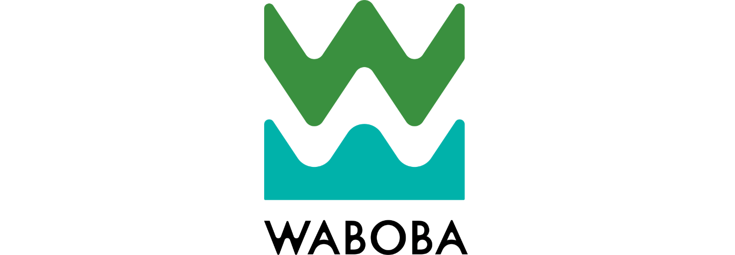 Il logo Waboba con un motivo a onde verde e turchese sopra il nome del marchio nero.