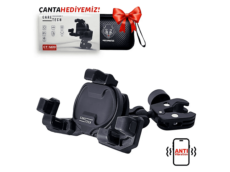 CARETECH CT-M20 Titreşim Özellikli Gidon Yatay Kullanım Su Geçirmez Evrensel Motosiklet Telefon Tutucu