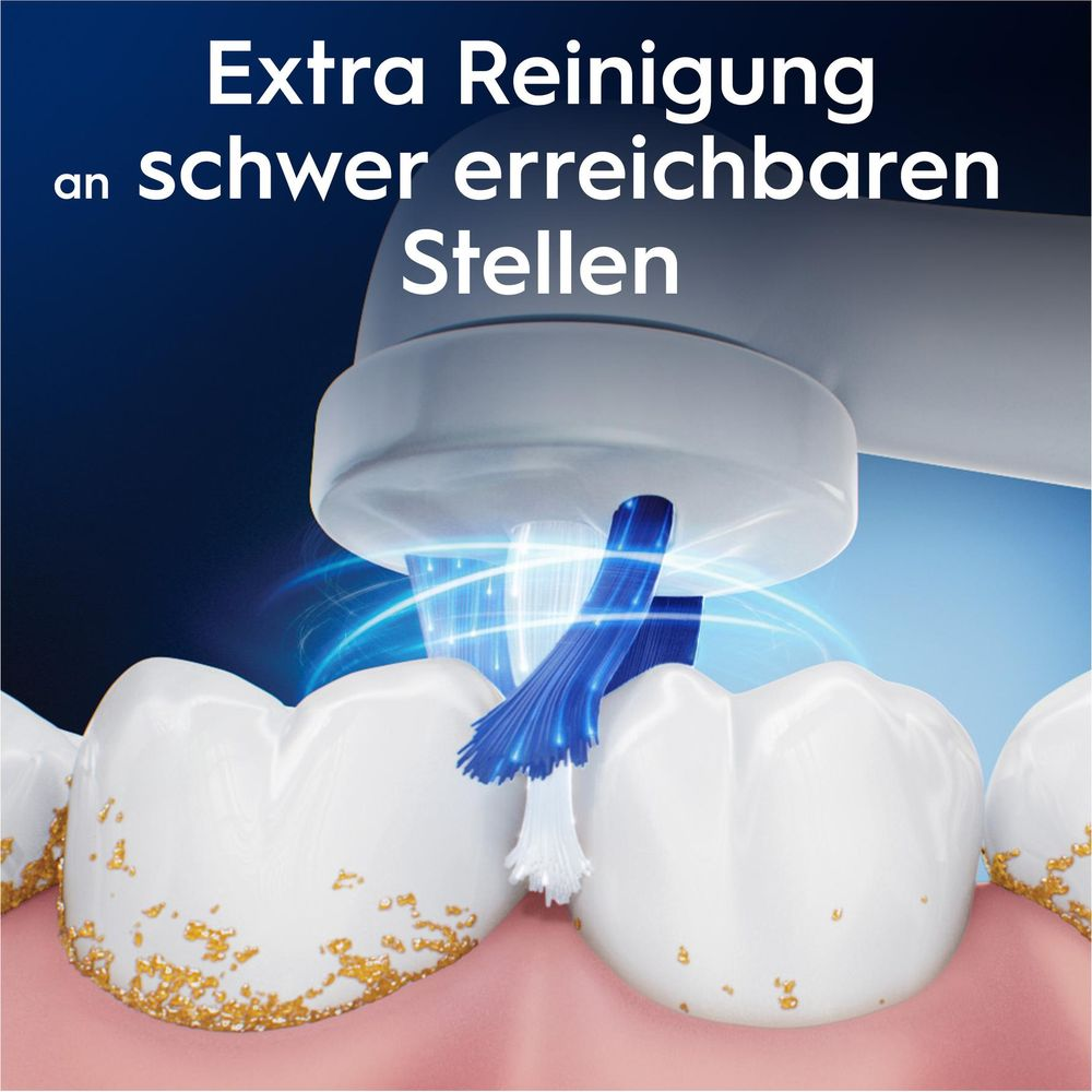 Une tête de brosse à dents électrique nettoie entre les dents, éliminant la plaque.