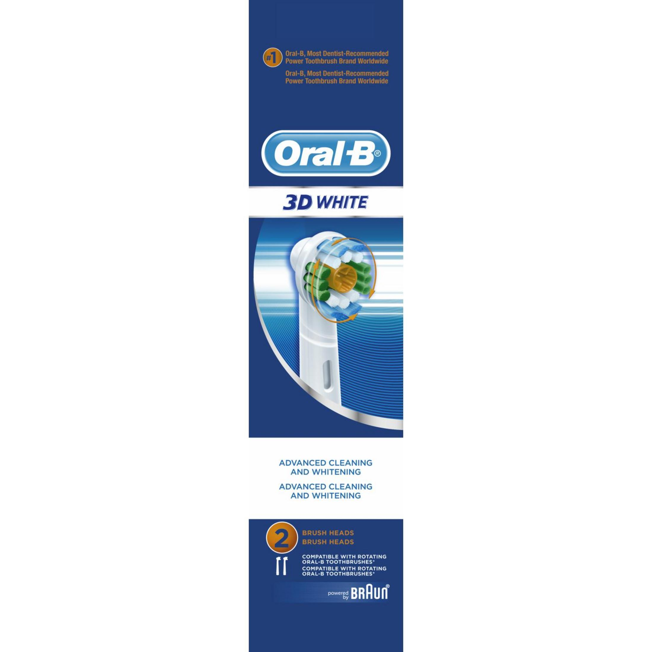 Confezione di testine di ricambio Oral-B 3D White con setole blu e verdi su sfondo blu.