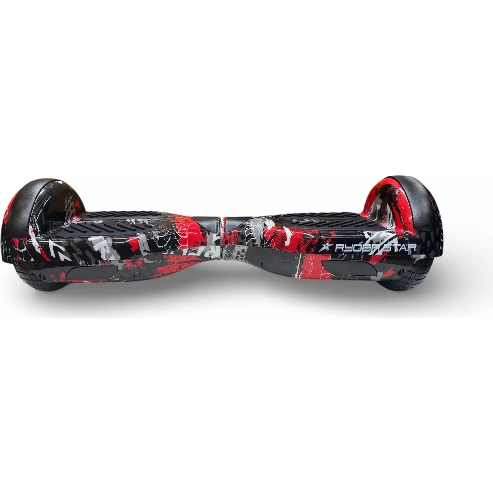 Beyaz arka planda grafiti desenli siyah, beyaz ve kırmızı bir hoverboard.
