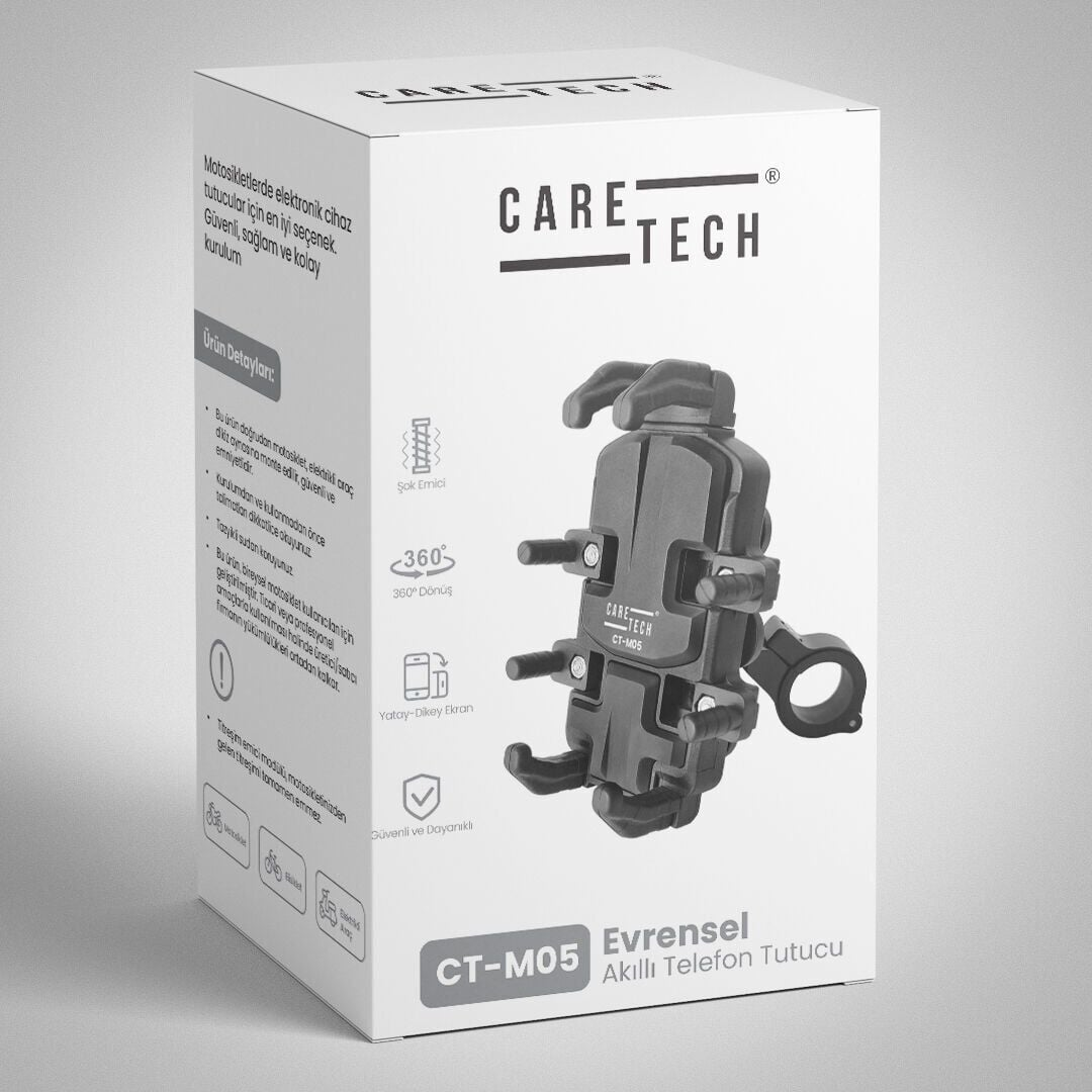 Beyaz kutusu içinde Caretech CT-M05 evrensel motosiklet telefon tutucu.