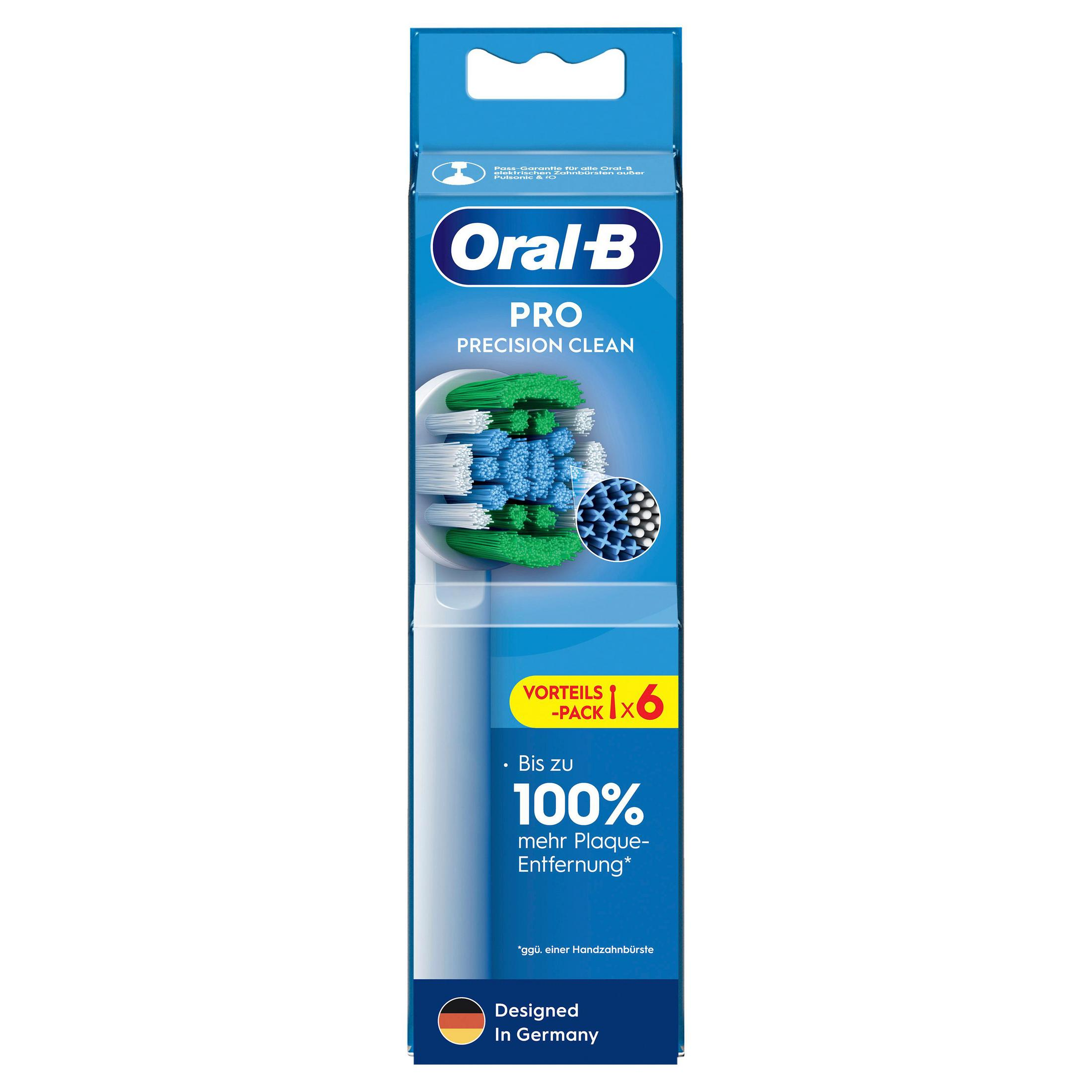 Confezione blu di testine di ricambio Oral-B Pro Precision Clean con setole verdi e bianche.