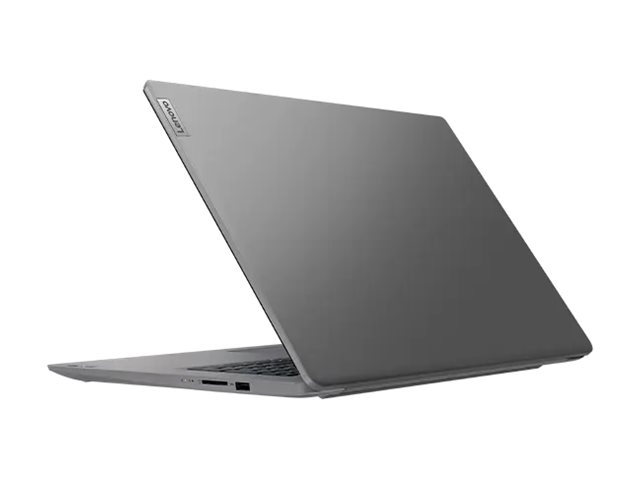 Ein grauer Lenovo-Laptop steht auf einer weißen Oberfläche und zeigt die Rückseite mit dem Markenlogo.